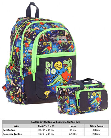 Kaukko Çanta Dinazor Desenli Erkek Çocuk Siyah Yeşil Okul Çantası ve Thermo Beslenme Çantası Takımı (L5266+L7266)