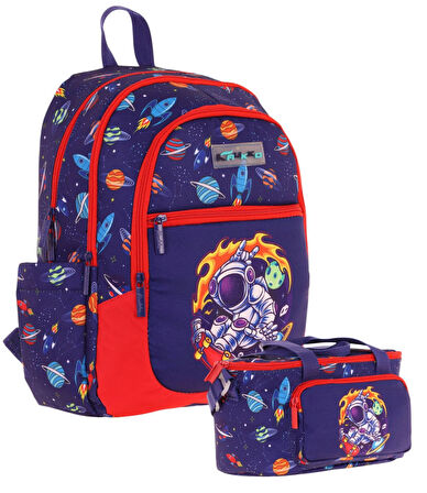 Kaukko Çanta Astronot Desenli Erkek Çocuk Lacivert Kırmızı Okul Çantası ve Thermo Beslenme Çantası Takımı (L5267+L7267)