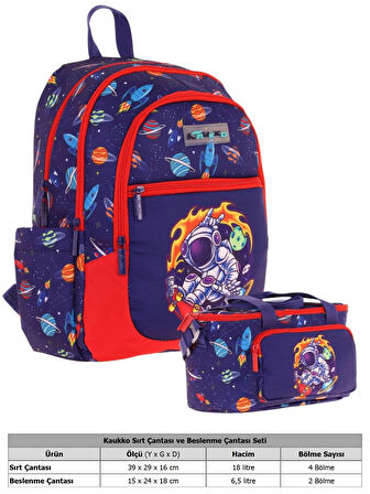 Kaukko Çanta Astronot Desenli Erkek Çocuk Lacivert Kırmızı Okul Çantası ve Thermo Beslenme Çantası Takımı (L5267+L7267)