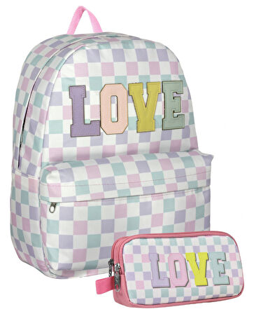 Cennec (Mor Yeşil - Deri Love Yazılı - Kız Çocuk) Okul Sırt Çantası ve Kalem Çantası Seti - SETUMT5084C