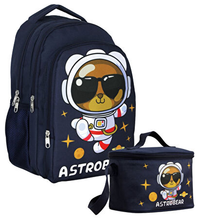 Cennec Sırt Çantası+Beslenme Çantası Seti - Lacivert Beyaz - Astronot Ayıcık - Erkek Çocuk - SETUMT5045B