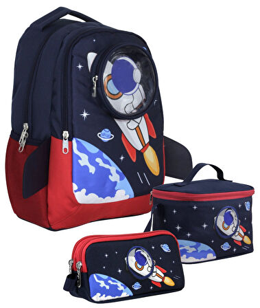 Cennec SETUMT5042A Üçlü İlkokul Çanta Seti (Lacivert Kırmızı - 3D Astronot - Erkek Çocuk)