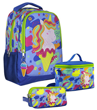 Cennec SETUMT5036A Üçlü İlkokul Çanta Seti (Mavi Yeşil - Dondurma ve Unicorn - Kız Çocuk)