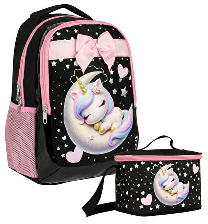 Cennec Uykucu Unicorn Desenli Kız Çocuk Siyah Pembe İkili Çanta ve Beslenme Seti - SETUMT5060B