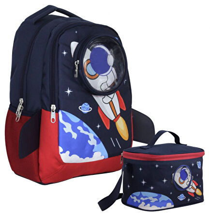 Cennec 3D Astronot Desenli Erkek Çocuk Lacivert Kırmızı İkili Çanta ve Beslenme Seti - SETUMT5042B