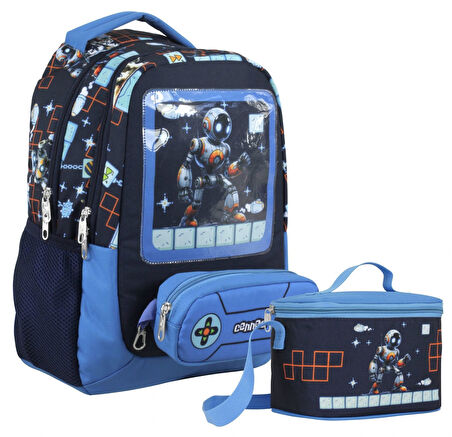 Cennec Oyun Konsolu Desenli Erkek Çocuk Mavi Siyah İkili Çanta ve Beslenme Seti - SETUMT5030B