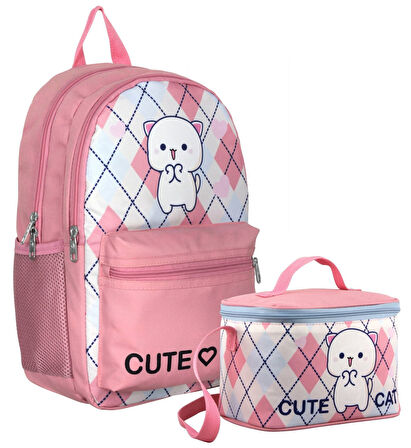 Cennec Love Cute Cat Desenli Kız Çocuk Beyaz Pembe İkili Çanta ve Beslenme Seti - SETUMT5024B