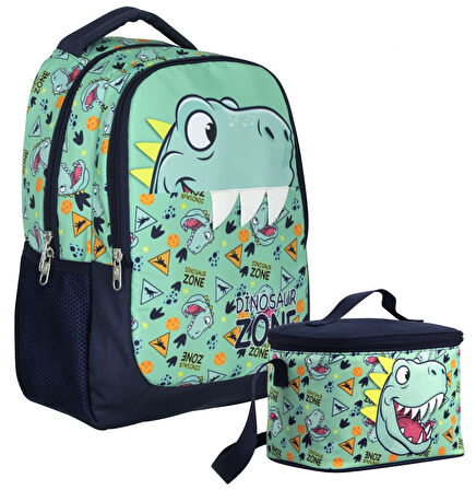 Cennec Dinazor Desenli Erkek Çocuk Yeşil Lacivert İkili Çanta ve Beslenme Seti - SETUMT5018B