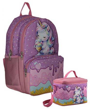 Cennec Dondurma Yiyen Unicorn Desenli Kız Çocuk Mor Pembe İkili Çanta ve Beslenme Seti - SETUMT5003B