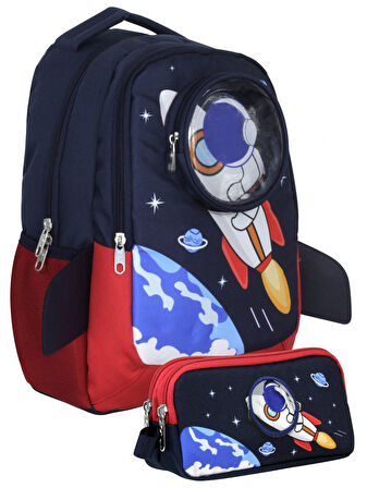 Cennec UMT5042+UMT5044 Sırt Çantası ve Kalemlik Seti (Lacivert Kırmızı - 3D Astronot - Erkek Çocuk)