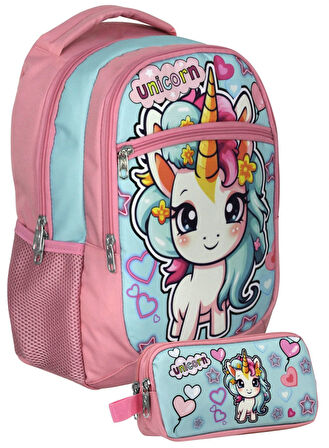 Cennec UMT5048+UMT5050 Sırt Çantası ve Kalemlik Seti (Pembe Turkuaz - Bebek Unicorn - Kız Çocuk)