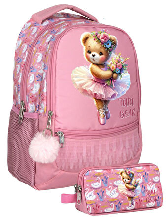 Cennec UMT5000+UMT5002 Sırt Çantası ve Kalemlik Seti (Pembe - Balerin Ayıcık - Kız Çocuk)