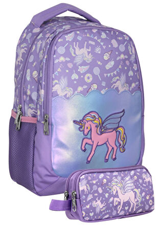 Cennec UMT5027+UMT5029 Sırt Çantası ve Kalemlik Seti (Lila - Nakışlı Unicorn Pegasus - Kız Çocuk)