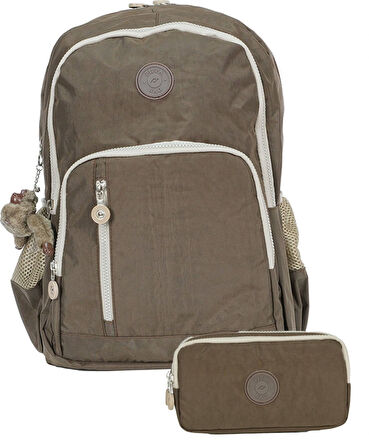 Pippa Krinkıl Kumaş Okul Çantası ve İki Gözlü Kalemlik  (Kız ve Erkek - Kahverengi - PPCNT8030-01)