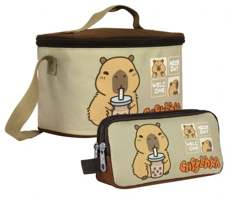 Capybara Erkek Isı Yalıtımlı Beslenme Çantası ve Kalem Çantası Seti - Kahverengi/Bej - SETCPB5201