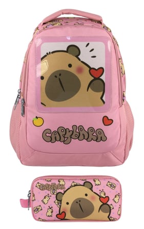 Capybara Kız Çocuk İlkokul Sırt Çantası ve İki Gözlü Kalemlik Seti - Pembe - SETCPB5212C