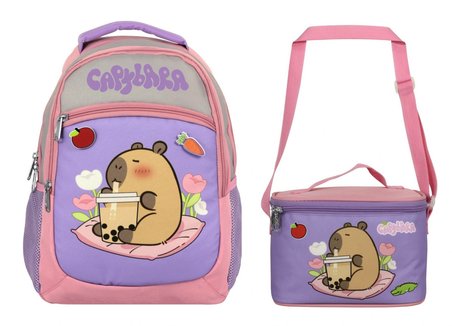 Capybara Kız Çocuk Okul Sırt Çantası ve Beslenme Çantası Seti - Mor - Pembe - SETCPB5233B