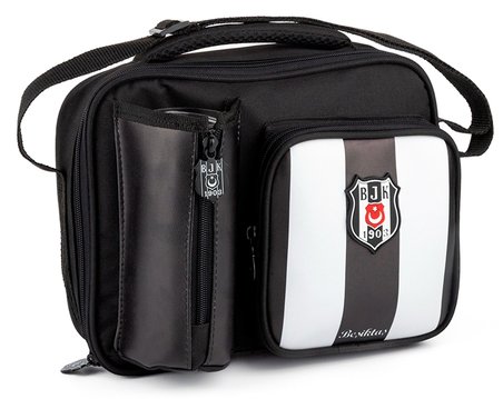 Beşiktaş Çubuk Desenli Siyah Beyaz Okul Beslenme Çantası - Suni Deri Ön Yüz - 25358