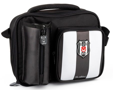Beşiktaş Çubuk Desenli Siyah Beyaz Okul Beslenme Çantası - Suni Deri Ön Yüz - 25358