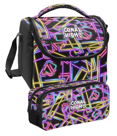 Coral High Siyah Çok Renkli Neon Desenli Kız Çocuk Beslenme ve Kalem Çantası Seti (37148+31048)