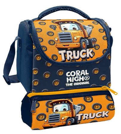 Coral High Beslenme Çantası ve Üç Gözlü Kalemlik Seti - Turuncu Kamyon Desenli Erkek Çocuk 37161