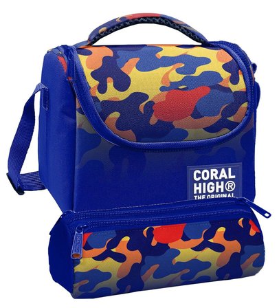 Coral High Beslenme Çantası ve Üç Gözlü Kalemlik Seti - Mavi Çok Renkli Kamuflaj Desenli Erkek Çocuk 37139