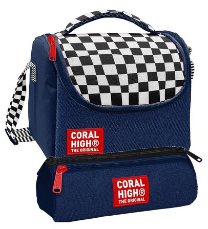 Coral High Beslenme Çantası ve Üç Gözlü Kalemlik Seti - Lacivert Siyah Beyaz Dama Desenli Erkek Çocuk 37134