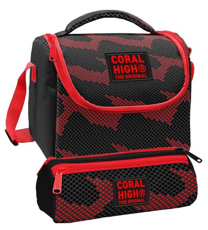 Coral High Beslenme Çantası ve Üç Gözlü Kalemlik Seti - Siyah Kırmızı Nokta Desenli Erkek Çocuk 37133