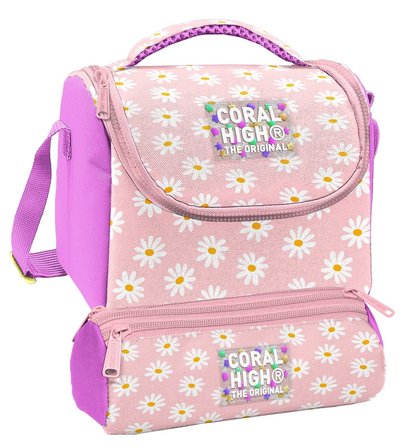 Coral High Beslenme Çantası ve Üç Gözlü Kalemlik Seti - Pembe Beyaz Papatya Desenli Kız Çocuk 37124