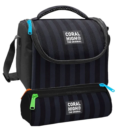 Coral High Beslenme Çantası ve Üç Gözlü Kalemlik Seti - Siyah Gri Çizgi Desenli Erkek Çocuk 37118