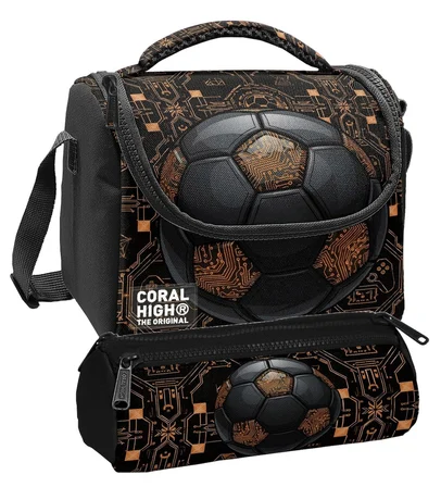 Coral High Beslenme Çantası ve Üç Gözlü Kalemlik Seti - Siyah Kahverengi Futbol Topu Baskılı Erkek Çocuk 37117