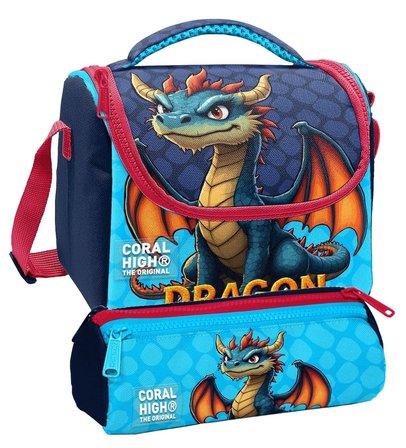 Coral High Beslenme Çantası ve Üç Gözlü Kalemlik Seti - Mavi Sarı Dragon Desenli Erkek Çocuk 37113
