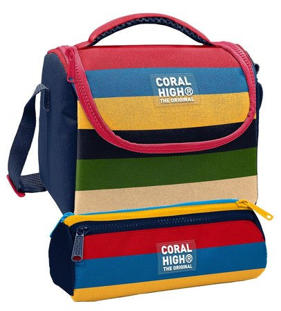 Coral High Beslenme Çantası ve Üç Gözlü Kalemlik Seti - Çok Renkli Çizgi Desenli Erkek Çocuk 37112