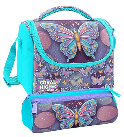 Coral High Beslenme Çantası ve Üç Gözlü Kalemlik Seti - Pastel Renkli Kelebek Desenli Kız Çocuk 37106