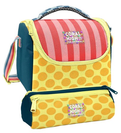 Coral High Beslenme Çantası ve Üç Gözlü Kalemlik Seti - Sarı Pembe Yeşil Puantiyeli Kız Çocuk 37104