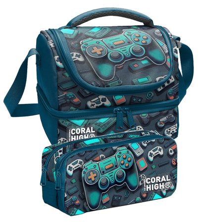 Coral High Erkek Çocuk Siyah Çok Renkli Lets Play Baskılı İki Katlı Beslenme Çantası ve Kalemlik Seti (37207+31014)