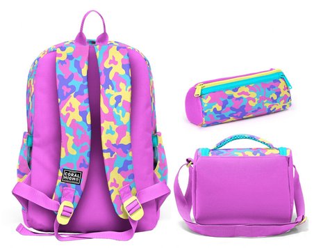 Coral High Kız Çocuk Pembe Sarı Kamuflaj Üçlü İlkokul Okul Çanta Seti SETYGN33201A