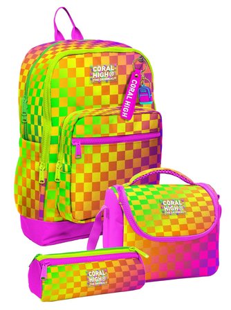 Coral High Kız Çocuk Sarı Mor Dama Desenli Üçlü İlkokul Okul Çanta Seti SETYGN33203A