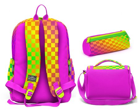 Coral High Kız Çocuk Sarı Mor Dama Desenli Üçlü İlkokul Okul Çanta Seti SETYGN33203A