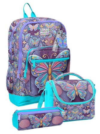 Coral High Kız Çocuk Pastel Renkli Kelebek Desenli Üçlü İlkokul Okul Çanta Seti SETYGN33206A