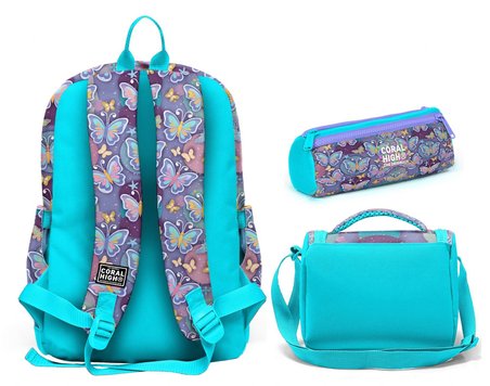 Coral High Kız Çocuk Pastel Renkli Kelebek Desenli Üçlü İlkokul Okul Çanta Seti SETYGN33206A