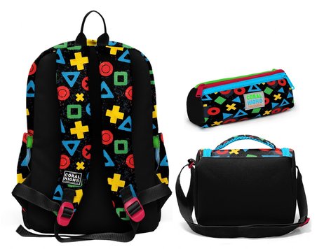 Coral High Erkek Çocuk Siyah Çok Renkli Lets Play Baskılı Üçlü İlkokul Okul Çanta Seti SETYGN33214A
