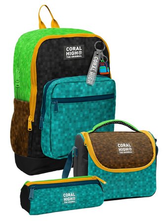 Coral High Erkek Çocuk Siyah Yeşil Kahverengi Craft Desenli Üçlü İlkokul Okul Çanta Seti SETYGN33216A