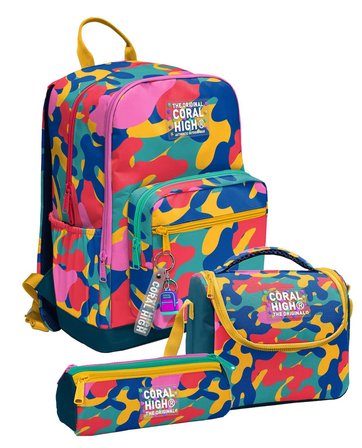 Coral High Renkli Kamuflaj Desenli Unisex İlkokul ve Ortaokul Üçlü Okul Çanta Seti SETYGN33232A