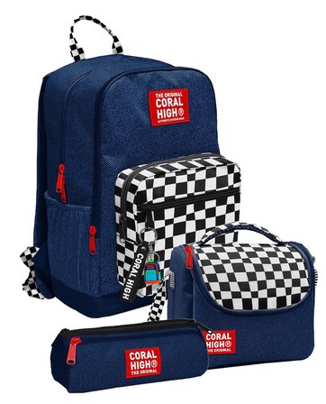 Coral High Lacivert Siyah Beyaz Dama Desenli Erkek Çocuk İlkokul ve Ortaokul Üçlü Okul Çanta Seti SETYGN33234A
