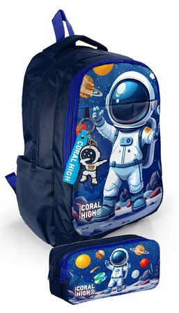 Coral High Erkek İlkokul ve Ortaokul Sırt Çantası+Kalemlik Seti - Lacivert Beyaz Astronot Baskılı