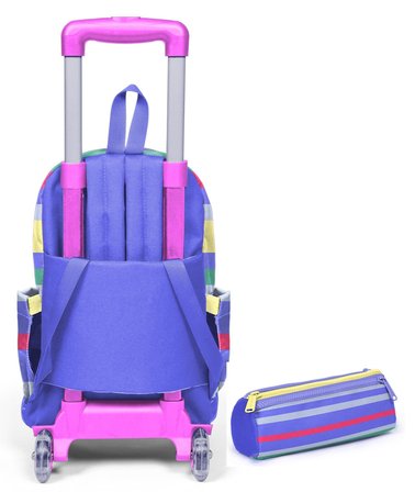 Coral High Çekçek Tekerlekli (Işıklı) Çanta ve Kalemlik - Kız Çocuk - Renkli Çizgi