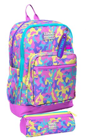 Coral High Okul Sırt Çantası ve Kalemlik Seti - Pembe Sarı Kamuflaj Kız Çocuk SETYGN33201C