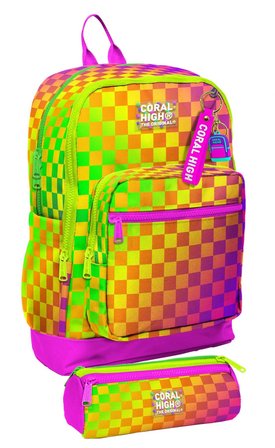 Coral High Okul Sırt Çantası ve Kalemlik Seti - Sarı Mor Dama Desenli Kız Çocuk SETYGN33203C