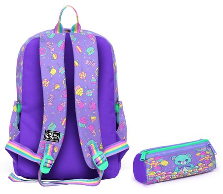 Coral High Okul Sırt Çantası ve Kalemlik Seti - Mor Yeşil Ayıcık Desenli Kız Çocuk SETYGN33205C